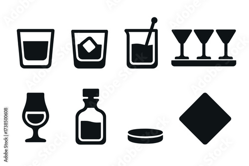 Negroni Icon Set. Solid, filled icon set of negroni serving styles: neat pour, on the rocks, stirred drink, cocktail flight, tasting glass, whiskey decanter,