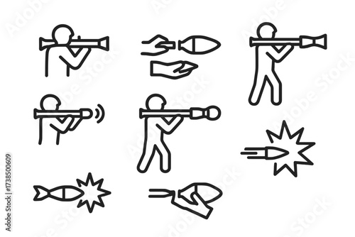 Bazooka Firing Icon Set. Outline icon set of bazooka firing process: aim, loading rocket, safety off, firing stance, recoil, rocket launch, impact explosion,