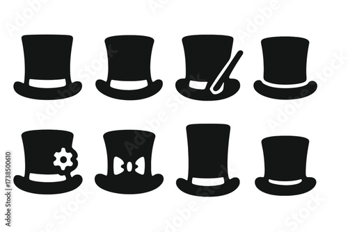 Top Hat Icon Collection. Solid, filled icon set of top hats: classic top hat, silk top hat, magician?s top hat, vintage top hat, steampunk top hat, wedding top