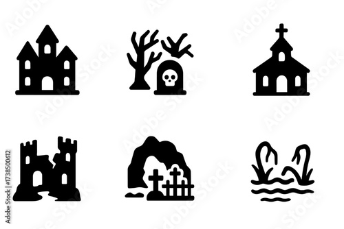 Cursed Places Icon Set. Solid, filled icon set of cursed places: haunted house, dark forest, cursed tomb, abandoned church, ruined castle, shadowy cave, old