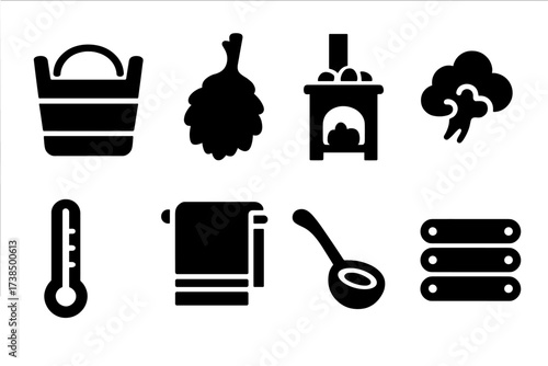 Bathhouse Tools Icons. Solid, filled icon set of traditional bathhouse tools: wooden bucket, birch whisk, sauna stove, steam cloud, thermometer, towel, water