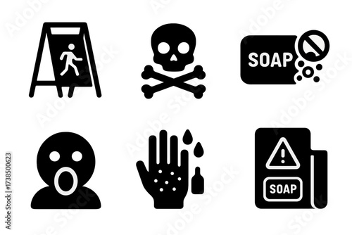 Soap Safety Warnings Icons. Solid, filled icon set of soap safety and warnings: slippery floor sign, poison symbol, soap allergy, choking hazard,