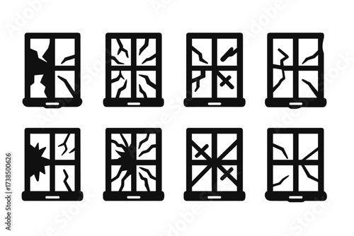 Office Window Shatter Icons. Solid, filled icon set of office broken window: shattered glass, fractured pane, missing pieces, cracked frame, taped cracks,