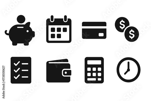 Installment Plan Icons. Solid, filled icon set of installment plan: piggy bank, calendar, credit card, dollar coins, checklist, wallet, calculator, clock.