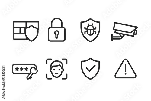 Security Icons Set. Outline icon set of digital guardian: firewall shield, encryption lock, antivirus, security camera, password key, biometric scan, shield