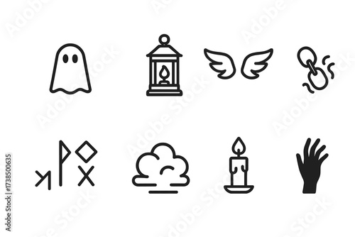 Spectral Icon Set. Outline icon set of spectral symbols: ghost sheet, floating lantern, ethereal wings, spectral chains, mystic runes, fog cloud, candle flame,