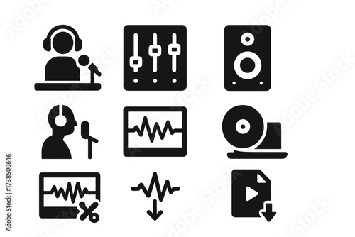 Studio Recording Icons. Solid, filled icon set of studio recording stages: tracking, mixing, mastering, overdubbing, editing, bouncing, sampling, exporting.