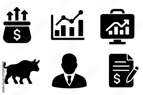 Equity Investment Icons. Solid, filled icon set of equity investment: investment fund, stock market, trading screen, portfolio growth, bull market, financial