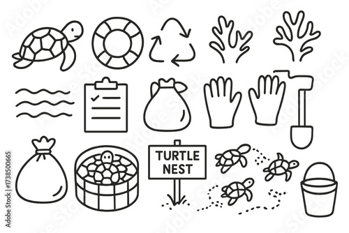 Sea Turtle Conservation Icons. Hand-drawn doodle illustration Sea turtle conservation sea turtle, life buoy, recycling symbol, coral, waves, clipboard, gloves,