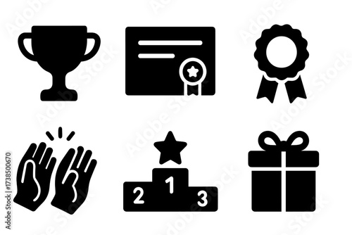 Conference Awards Icons. Solid, filled icon set of conference awards: trophy, certificate, medal, ribbon, applause, podium, star, gift. [Solid, filled icons in