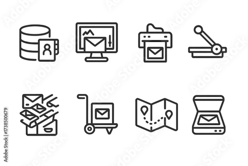 Direct Mail Icon Set. Outline icon set of direct mail tools: address database, design software, printing machine, cutting tool, sorting machine, mailing cart,