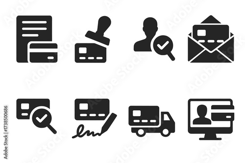 Credit Card Icons. Solid, filled icon set of credit card applications: form, approval stamp, ID verification, credit check, signature, welcome letter, card