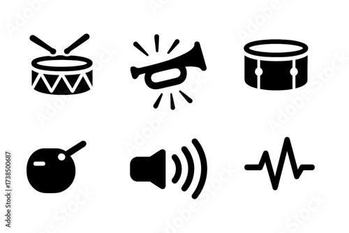 Battle Sound Icon Set. Solid, filled icon set of battle rhythm sound effects: drum roll, cymbal crash, bugle blast, snare snap, bass thump, whistle blow, echo,