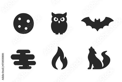 Nocturnal Element Icons. Solid, filled icon set of nocturnal elements: full moon, owl, flying bat, blinking eye, night fog, flickering flame, distant howl,