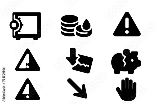 Fund Shortage Icons. Solid, filled icon set of fund shortage: empty bank vault, leaking coins, alert badge, cracked credit card, warning triangle, downward