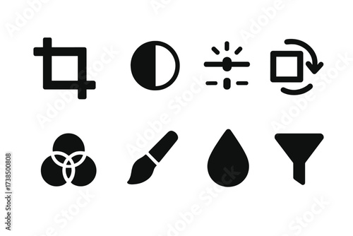 Photo Editing Icons. Solid, filled icon set of photo editing tools: crop tool, contrast adjustment, brightness slider, rotate image, color balance, sharpen