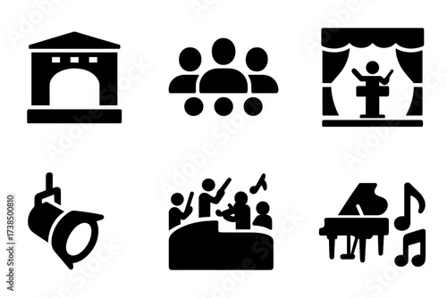 Orchestra Icon Set. Solid, filled icon set of orchestra performance: concert hall, audience, conductor podium, stage curtain, spotlight, orchestra pit, grand