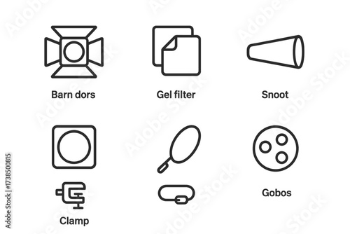 Lighting Accessories Icons. Outline icon set of lighting accessories: barn doors, gel filter, snoot, diffuser, reflector, clamp, safety cable, gobos. Line
