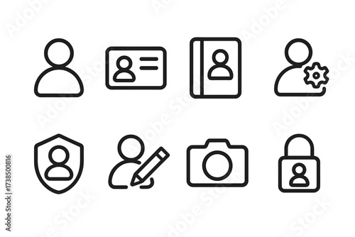 Personal Profile Icons. Outline icon set of personal profiles: avatar, ID card, contact book, settings, privacy shield, pencil edit, camera, lock. [Line icons