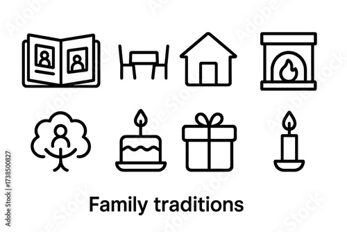 Family and Heritage Icons. Outline icon set of family traditions: photo album, dining table, home, hearth, family tree, birthday cake, gift box, candle. Line