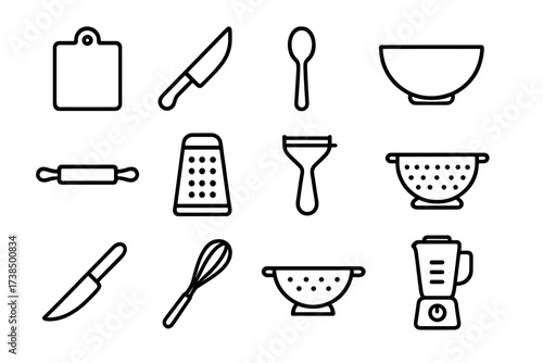 Vegetable Preparation Tools. Vegetable preparation. Line icon set of Vegetable preparation: chopping board, knife, spoon, mixing bowl, rolling pin, grater,