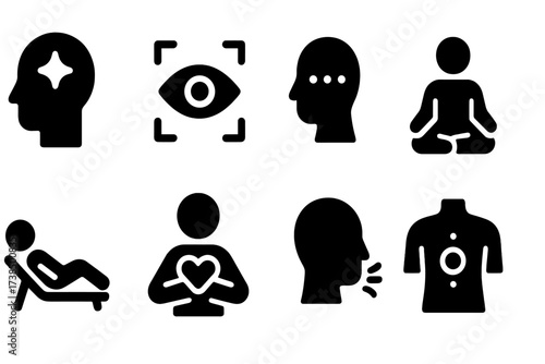 Mindful Icons Grid. Solid, filled icon set of cool down mindsets: calm, focus, patience, mindfulness, relaxation, gratitude, breathing, body awareness. [Line