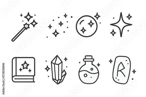 Magic Outline Icons. Outline icon set of sparkle in magic and fantasy: magic wand, fairy dust, glowing orb, sparkling star, enchanted book, mystical crystal,