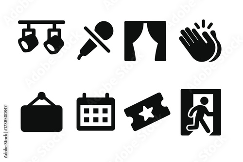 Event Closure Icons. Solid, filled icon set of event closing: stage lights off, microphone mute, curtain close, applause, thank you sign, event calendar,