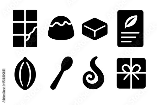 Chocolate Tasting Icons. Solid, filled icon set of chocolate tasting: chocolate bar, truffle, chocolate square, flavor note card, cocoa bean, tasting spoon,