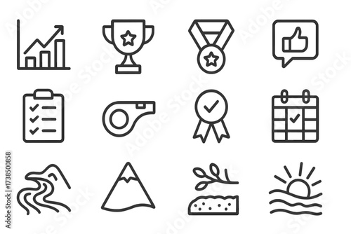 Outline Icon Grid. Outline icon set of handstand motivation and goals: progress chart, trophy, medal, motivational quote, goal list, coach whistle, achievement