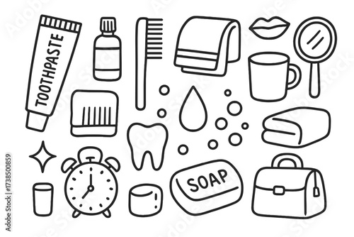 Travel Hygiene Essentials. Hand-drawn doodle illustration Travel hygiene toothpaste tube, travel toothbrush, mini bottle, comb, towel, cup, tooth, water