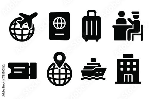 Travel Icon Set. Solid, filled icon set of international travel: airplane flying over globe, passport, suitcase, customs checkpoint, travel ticket, location