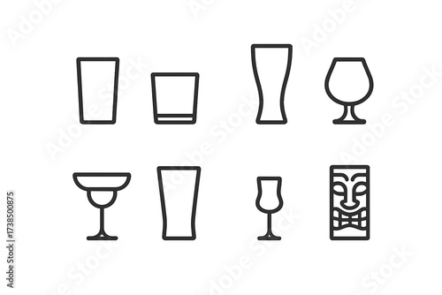 Bar Glassware Icons. Outline icon set of bar glassware: highball glass, lowball glass, pilsner glass, snifter, margarita glass, pint glass, cordial glass, tiki