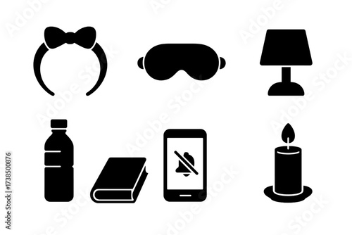 Night Care Essentials Icons. Solid, filled icon set of night care accessories: headband, sleep mask, earplugs, night lamp, water bottle, book, phone on silent,