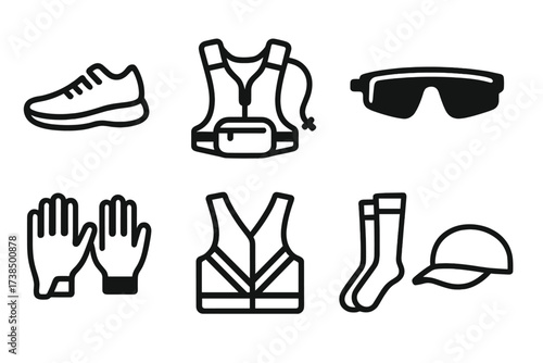 Running Gear Icons. Solid, filled icon set of running gear: running shoes, hydration pack, running belt, sports sunglasses, running gloves, reflective vest,