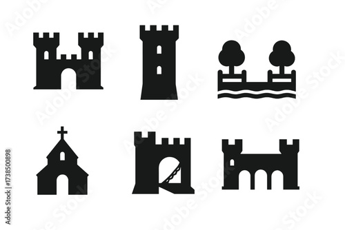 Noble Estates Icons. Solid, filled icon set of noble estates and features: castle, tower, garden, moat, chapel, drawbridge, gatehouse, courtyard. Solid, filled