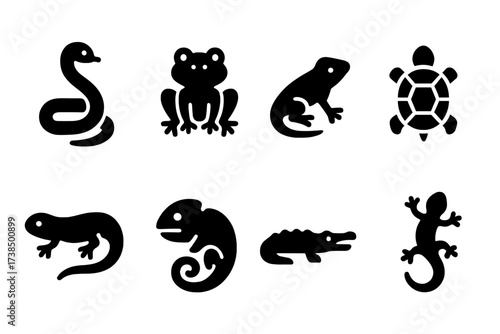 Reptile Icon Collection. Solid, filled icon set of wildlife reptiles and amphibians: snake, frog, lizard, turtle, salamander, chameleon, crocodile, gecko.