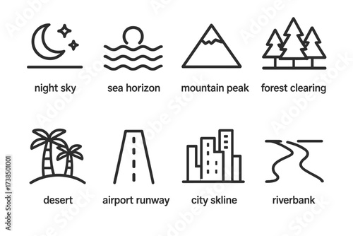 Flare and Signal Icons. Outline icon set of flare environment: night sky, sea horizon, mountain peak, forest clearing, desert, airport runway, city skyline,