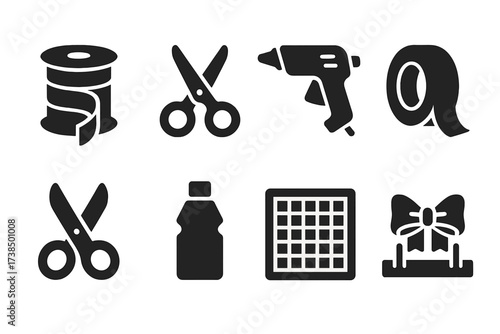 Ribbon Crafting Icons. Solid, filled icon set of ribbon crafting tools: ribbon spool, scissors, hot glue gun, tape roll, ribbon cutter, fabric stiffener, craft