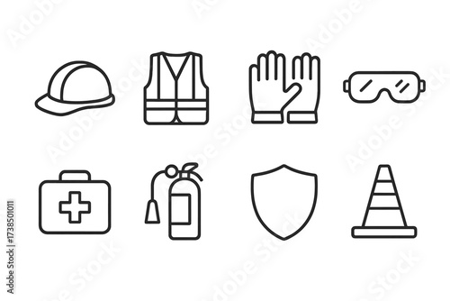 Workplace Safety Icons. Outline icon set of workplace protection: helmet, safety vest, gloves, goggles, first aid kit, fire extinguisher, shield, safety cone.