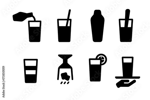 Highball Drink Icons. Solid, filled icon set of highball drink preparation: pouring drink, stirring, shaking, muddling, layering, chilling glass, adding