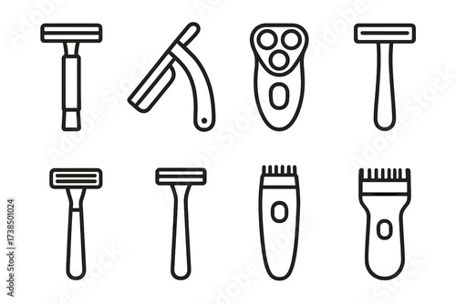 Razor Icons Collection. Outline icon set of razor types: safety razor, straight razor, electric razor, disposable razor, cartridge razor, beard trimmer, body