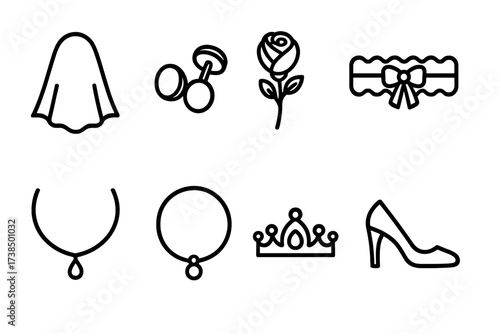 Engagement Accessories Icons. Outline icon set of engagement accessories: veil, cufflinks, boutonniere, garter, necklace, bracelet, tiara, shoes. Line icons in