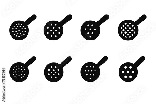 Kitchen Strainer Icons. Solid, filled icon set of strainer materials: stainless steel, copper, silicone, plastic mesh, brass, aluminum, nylon, wooden handle.