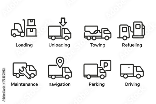 Truck Function Icons. Outline icon set of truck functions: loading, unloading, towing, refueling, maintenance, navigation, parking, driving. Line icons in only