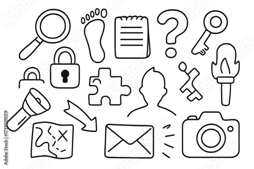 Mystery Objects Doodle. Hand-drawn doodle illustration find clues magnifying glass, footprint, notebook, question mark, key, lock, puzzle pieces, map, arrow,
