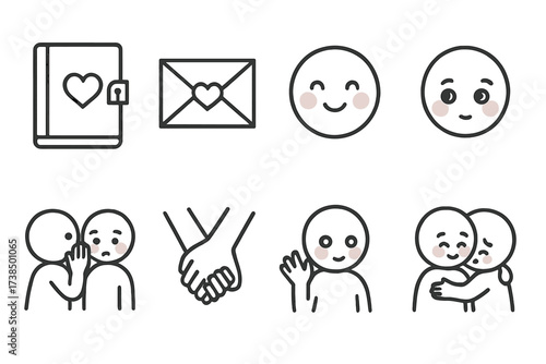 Blush Icon Set. Outline icon set of blush storytelling: secret diary, love letter, hidden smile, shy glance, whispered secret, holding hands, shy wave,