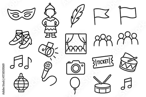 Cultural Festive Illustrations. Hand-drawn doodle illustration Cultural costumes and masks mask, costume, feather, flag, dance shoes, spotlight, stage, crowd,