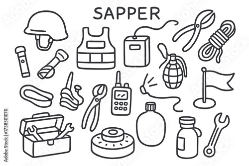 Sapper Tools Doodle. Sapper. Hand-drawn doodle illustration sapper helmet, bulletproof vest, detonator, pliers, rope, flashlight, walkie-talkie, grenade,