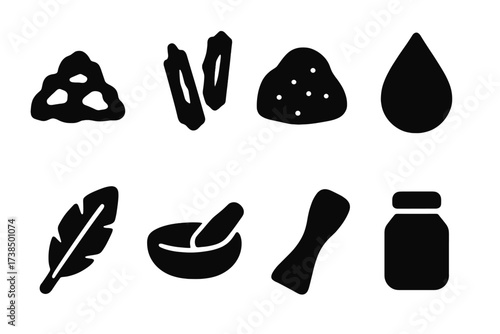 Cave Painting Icons. Solid, filled icon set of cave painting materials: ochre, charcoal, clay, animal fat, feathers, stone grinder, bone scraper, pigment jar.